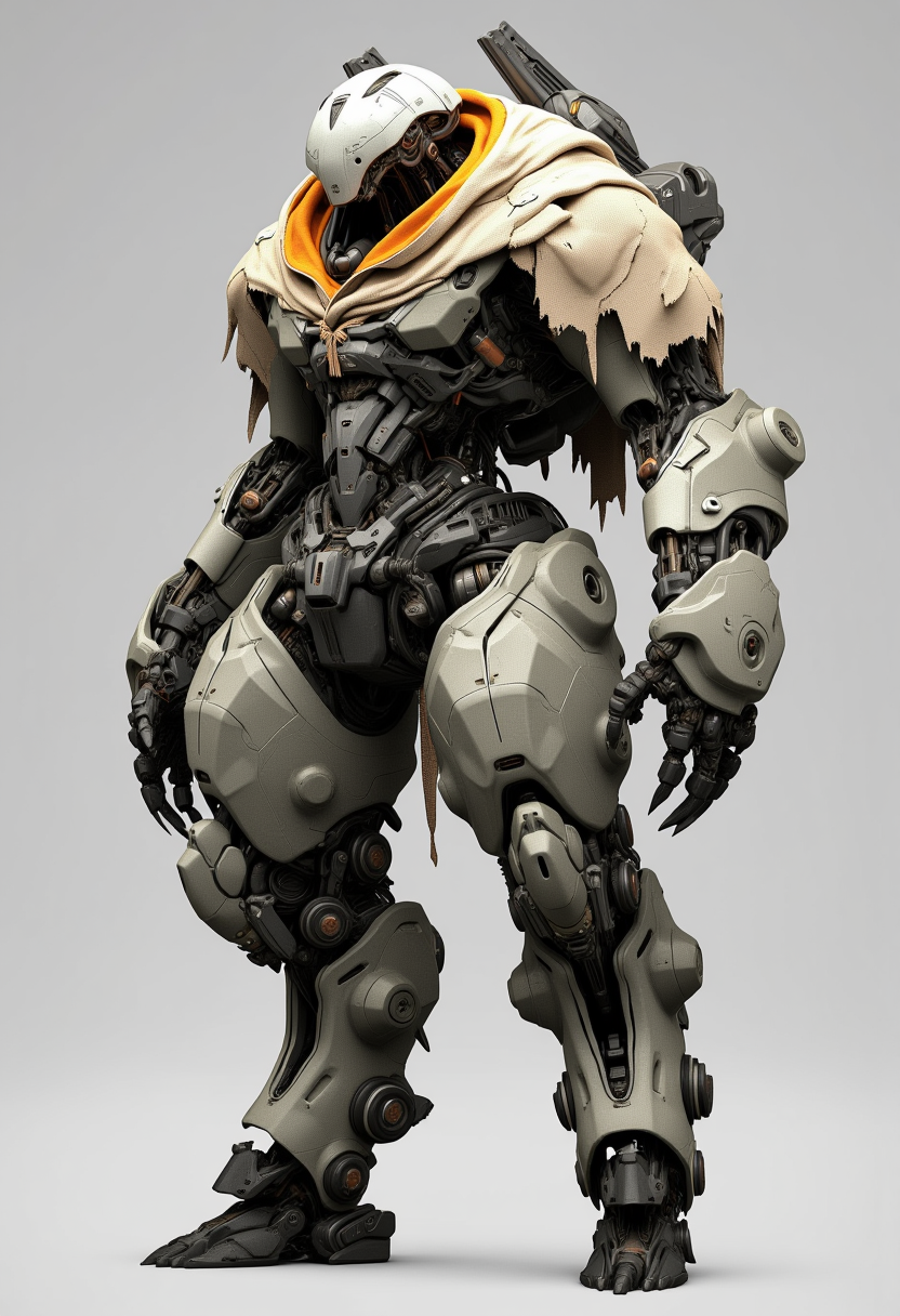 A highly detailed futuristic robot stands against a plain gray background. The robot has a humanoid shape with a bulky armored body featuring a mix of metallic and organic textures. Its head is a sleek dome-like helmet with a visor and it has two small angular protrusions on top. The torso is adorned with a tattered beige cloak with an orange lining giving it a rugged battle-worn appearance. The arms are heavily armored with multiple joints and mechanical components and the hands are large and claw-like. The legs are sturdy and segmented with visible mechanical parts. The lighting is soft and even highlighting the intricate details and textures of the robot's design. The perspective is straight-on providing a clear view of the entire robot. The atmosphere is one of advanced technology and post-apocalyptic decay  <lora:- Flux1 De-Distilled - the_edgy_mech_1.0:0.8>