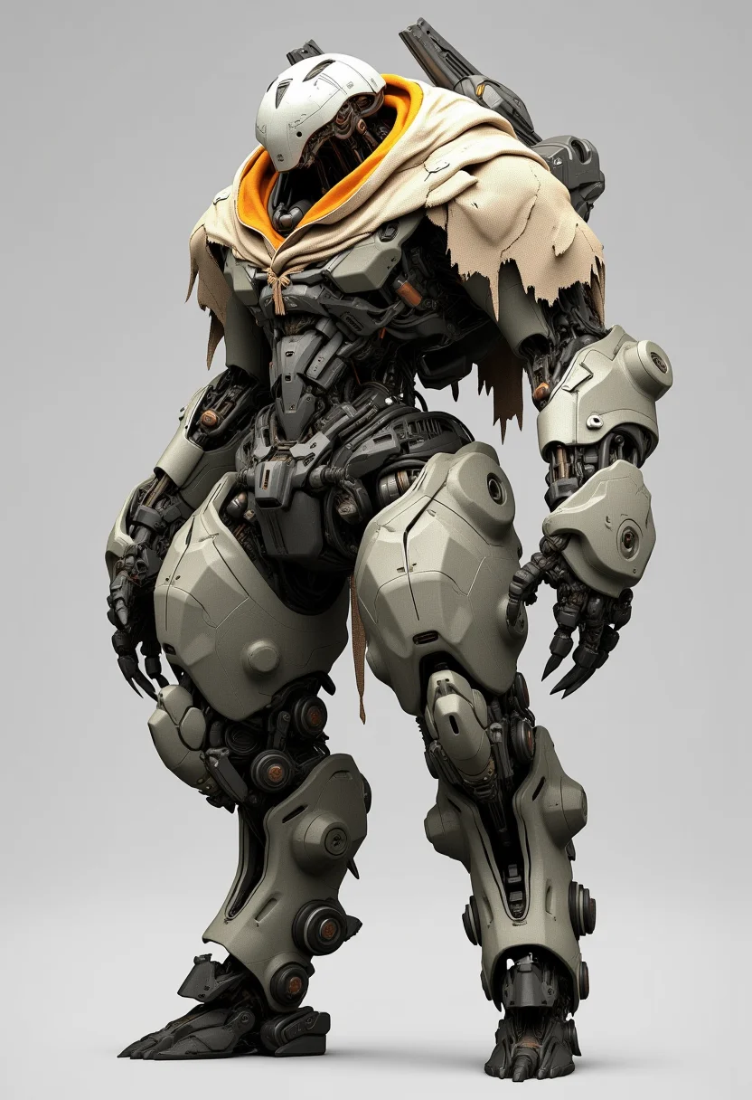 A highly detailed futuristic robot stands against a plain gray background. The robot has a humanoid shape with a bulky armored body featuring a mix of metallic and organic textures. Its head is a sleek dome-like helmet with a visor and it has two small angular protrusions on top. The torso is adorned with a tattered beige cloak with an orange lining giving it a rugged battle-worn appearance. The arms are heavily armored with multiple joints and mechanical components and the hands are large and claw-like. The legs are sturdy and segmented with visible mechanical parts. The lighting is soft and even highlighting the intricate details and textures of the robot's design. The perspective is straight-on providing a clear view of the entire robot. The atmosphere is one of advanced technology and post-apocalyptic decay <lora:- Flux1 De-Distilled - the_edgy_mech_1.0:0.8>