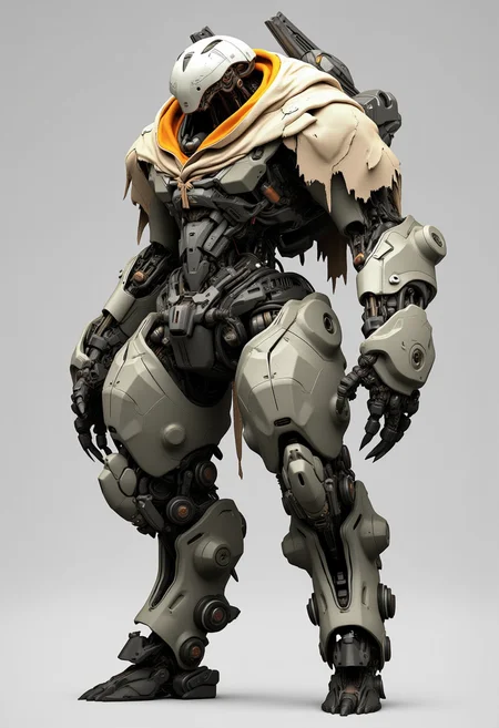 A highly detailed futuristic robot stands against a plain gray background. The robot has a humanoid shape with a bulky armored body featuring a mix of metallic and organic textures. Its head is a sleek dome-like helmet with a visor and it has two small angular protrusions on top. The torso is adorned with a tattered beige cloak with an orange lining giving it a rugged battle-worn appearance. The arms are heavily armored with multiple joints and mechanical components and the hands are large and claw-like. The legs are sturdy and segmented with visible mechanical parts. The lighting is soft and even highlighting the intricate details and textures of the robot's design. The perspective is straight-on providing a clear view of the entire robot. The atmosphere is one of advanced technology and post-apocalyptic decay <lora:- Flux1 De-Distilled - the_edgy_mech_1.0:0.8>