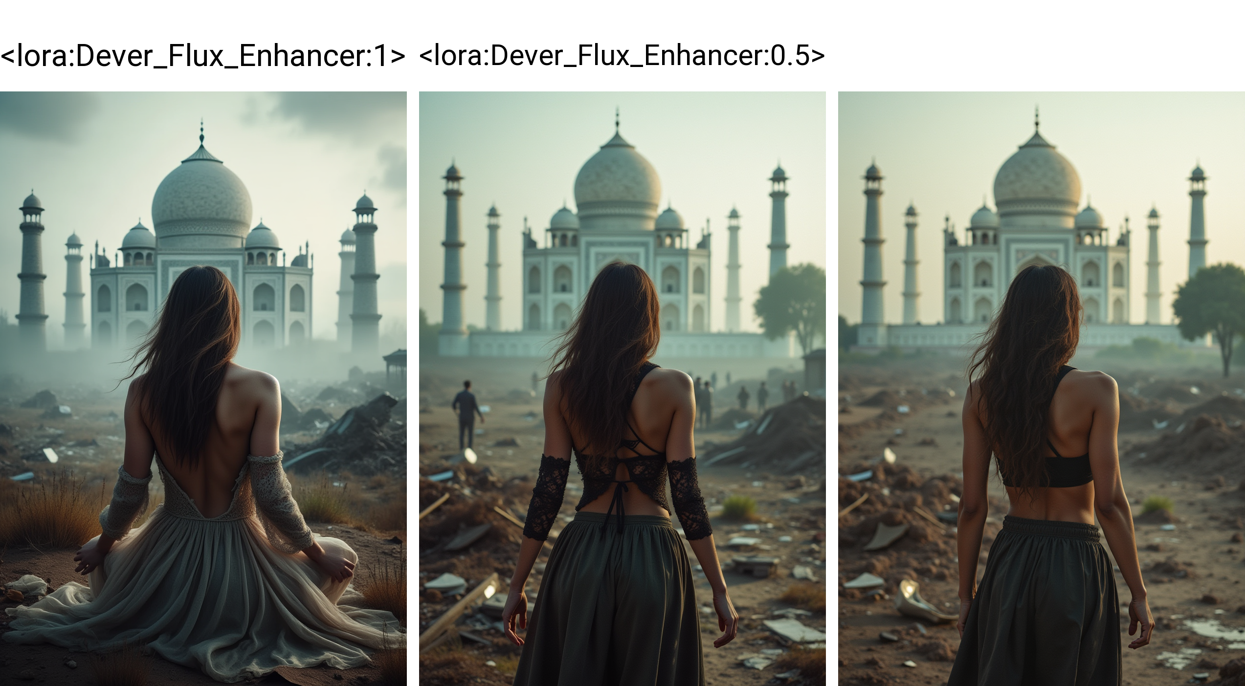 A photography with Canon 1D 24mmlens f/22 focus, cute cardellini is a fantasy end game is melting with an athletic body in position arms relaxed to the sides, it is in post-collapse Moscow and in the background there is a taj mahal. With view from behind, where there is chaos, with a mysterious feeling
 <lora:Dever_Flux_Enhancer:1>