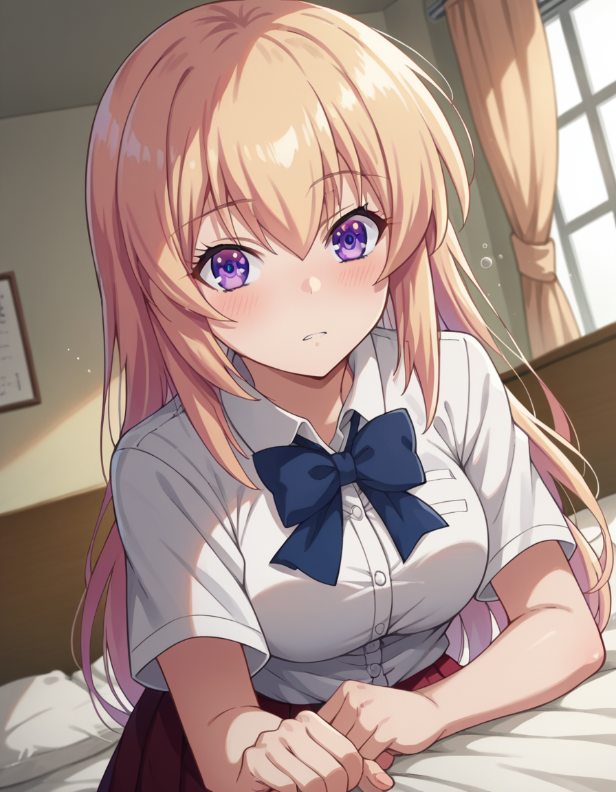 score_9, score_8_up, score_7_up, source_anime,
honamiichinose, <lora:honami-ichinose-s2-ponyxl-lora-nochekaiser:1>
honami ichinose, long hair, blonde hair, purple eyes, hair between eyes,
skirt, bow, school uniform, pleated skirt, bowtie, blue bow, red skirt, collared shirt, white shirt, short sleeves,
indoors, bed, bed room, on side, blush, drunk,
looking at viewer, dutch angle, cowboy shot