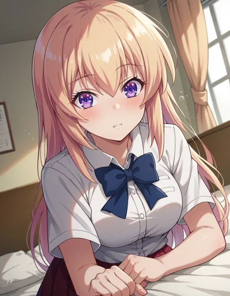 score_9, score_8_up, score_7_up, source_anime,
honamiichinose, <lora:honami-ichinose-s2-ponyxl-lora-nochekaiser:1>
honami ichinose, long hair, blonde hair, purple eyes, hair between eyes,
skirt, bow, school uniform, pleated skirt, bowtie, blue bow, red skirt, collared shirt, white shirt, short sleeves,
indoors, bed, bed room, on side, blush, drunk,
looking at viewer, dutch angle, cowboy shot