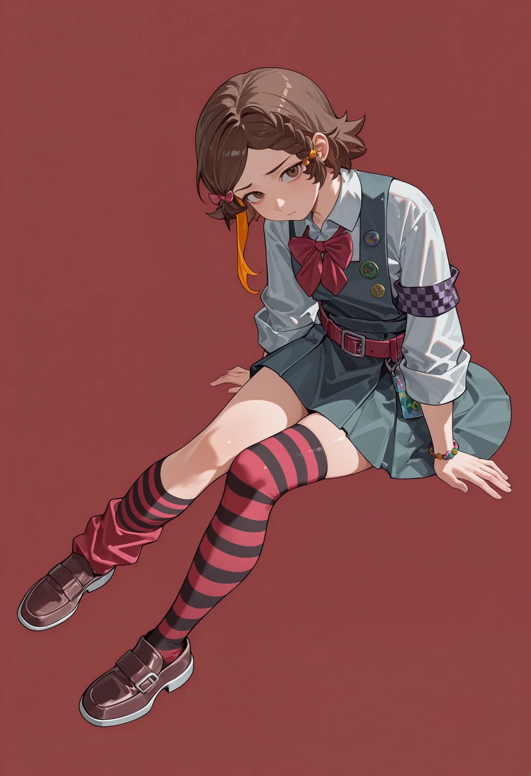 Makishima Haru omop, streaked hair, brown eyes, 1girl, solo, looking at viewer, simple background, closed mouth, sitting, full body, uneven legwear, <lora:None:1.0000000000000002> <lora:Makishima_Haru_omop2:1.0000000000000002>