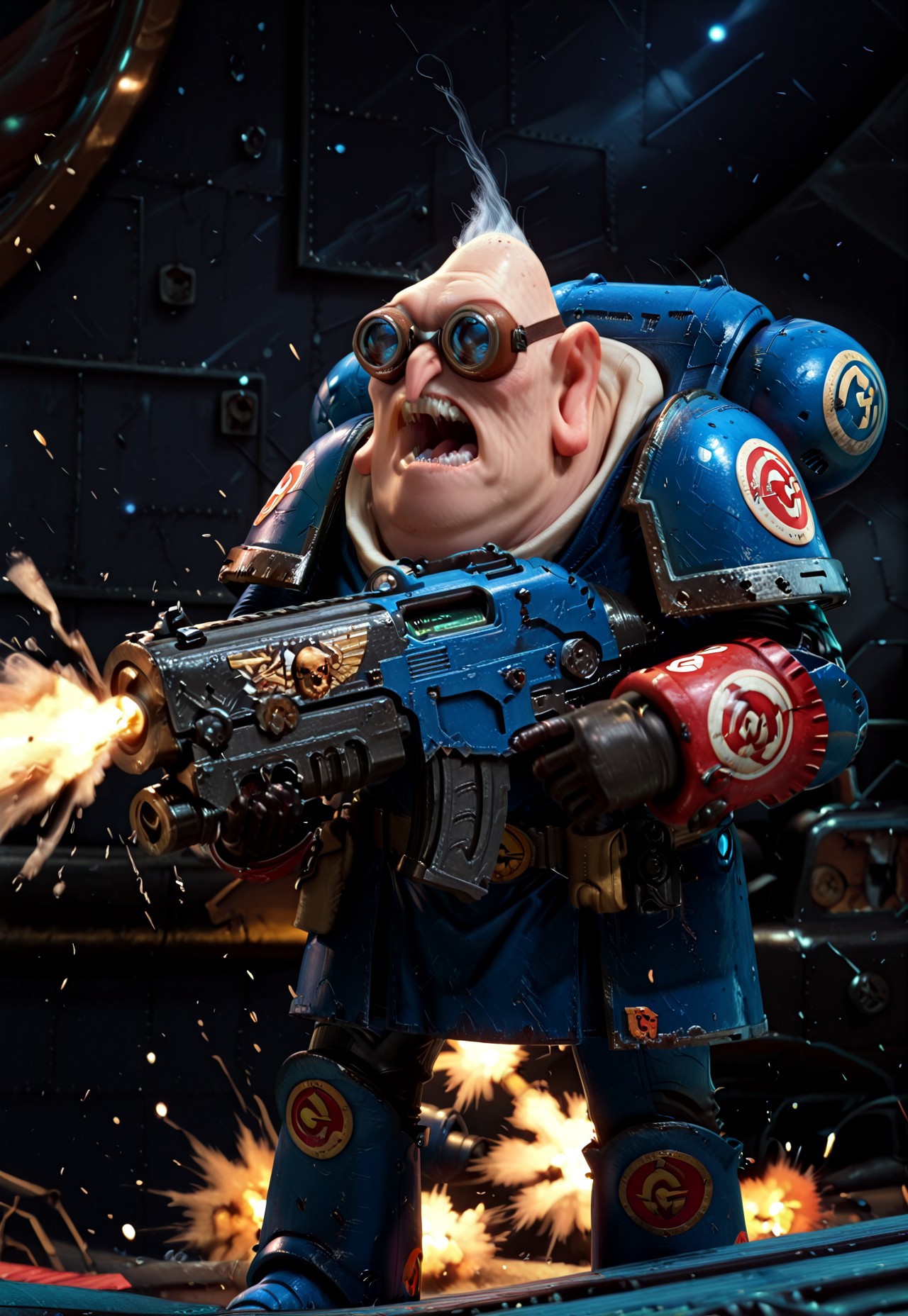 masterpiece, best quality absurdres, newest, high detail, cartoon style, solo, 1boy, Nefario, maddoc, ggls, goggles, gloves, lbct, pale skin, no helmet, (space marine armor:1.3), shooting a heavy bolter, firing heavy bolter, yelling, battlefield background, highly detailed background, UltraM40k, a bltgun bolter weapon