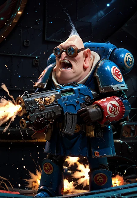 masterpiece, best quality absurdres, newest, high detail, cartoon style, solo, 1boy, Nefario, maddoc, ggls, goggles, gloves, lbct, pale skin, no helmet, (space marine armor:1.3), shooting a heavy bolter, firing heavy bolter, yelling, battlefield background, highly detailed background, UltraM40k, a bltgun bolter weapon