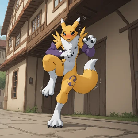 zPDXL3, (by zaush),
town square, outside, sunny day, bottom view,
solo renamon, full body, stumbling, wobbly pose, one leg lifted, (very drunk:1.4), drunk blush, red nose, drunk bubbles, lidded eyes, trembling, dizzy, confused, <lora:PDXL_artist_tags_v2_big:0.8> , <lora:Renamon_Digimon_Tamers:0.7> digimon (creature), furry, fox ears, black sclera, blue eyes, white fur, yellow fur, body fur, gloves, black claws, fox tail