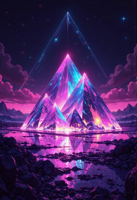 pyramids neon fire in the eternal night, built from futuristic nano-glas, cascading holographic patterns