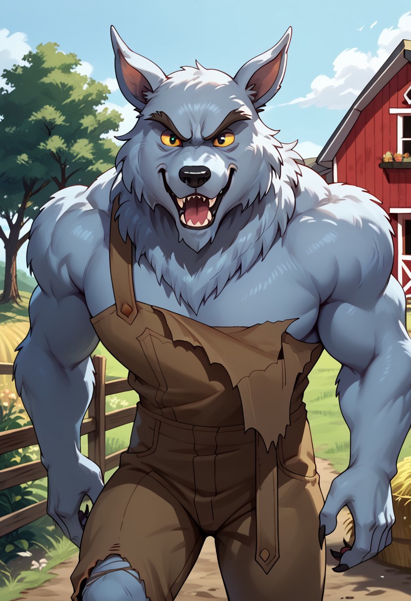 score_9, score_8_up, score_7_up, wolfbouncer, werewolf, yellow sclera, black eyes, standing outside, day, farm setting, haystack, torn brown overalls, naughty face, hi res, detailed eyes, eyes focus, perfect eyes, best artwork, highly detailed