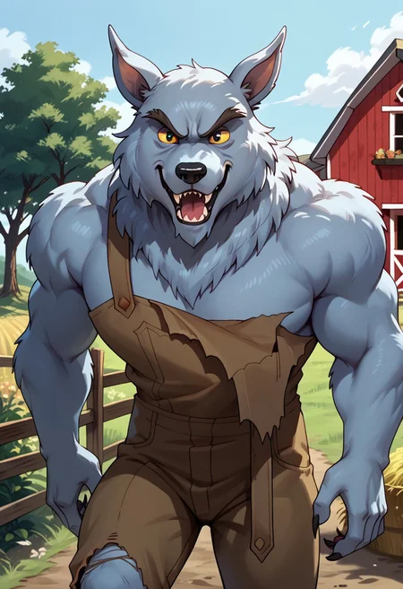score_9, score_8_up, score_7_up, wolfbouncer, werewolf, yellow sclera, black eyes, standing outside, day, farm setting, haystack, torn brown overalls, naughty face, hi res, detailed eyes, eyes focus, perfect eyes, best artwork, highly detailed