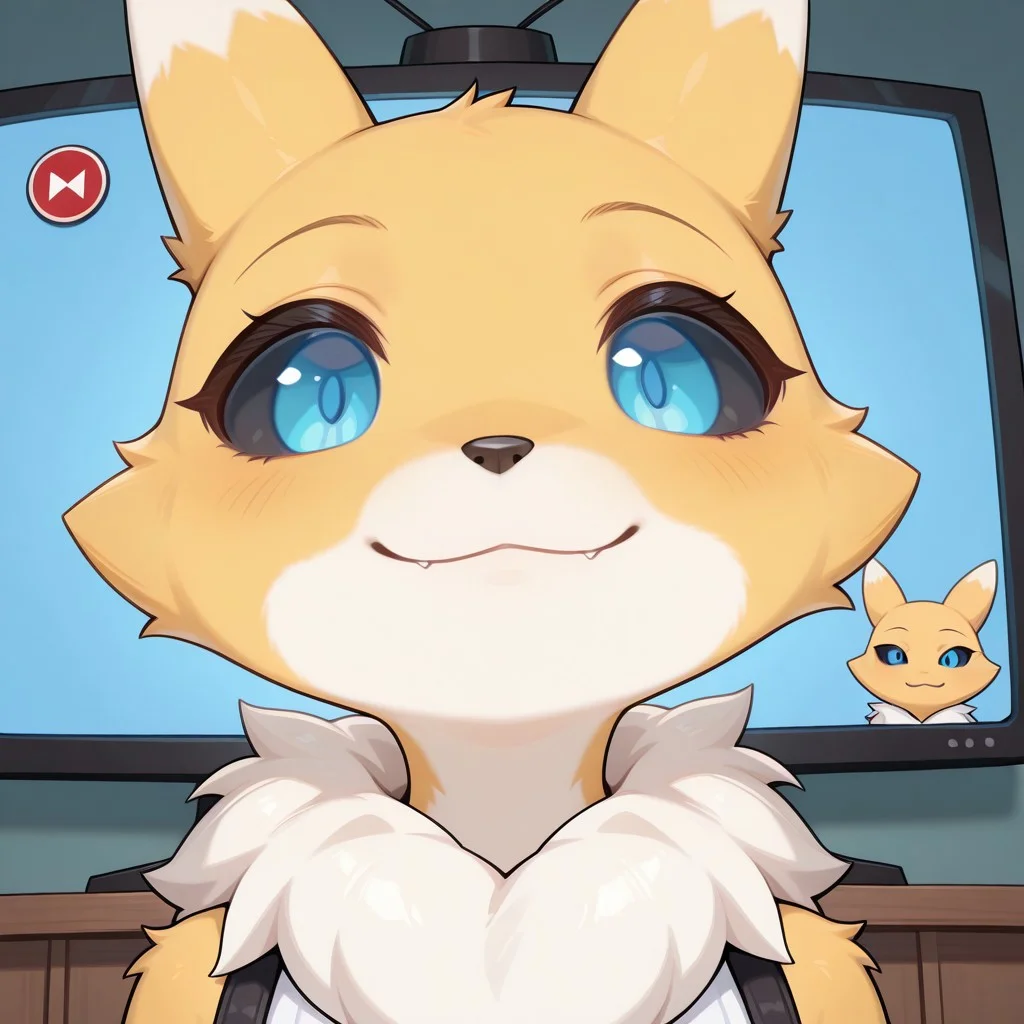 masterpiece, best quality, amazing quality, very aesthetic, high resolution, ultra-detailed, absurdres, newest BREAK OC_mon, fox girl, fox tail, fox ears, anthro, furry female, blue eyes, black sclera, detailed eyes, mutsukiface, chibi, portrait, close-up, smile, :3, closed mouth, screen, television, gameplay mechanics
