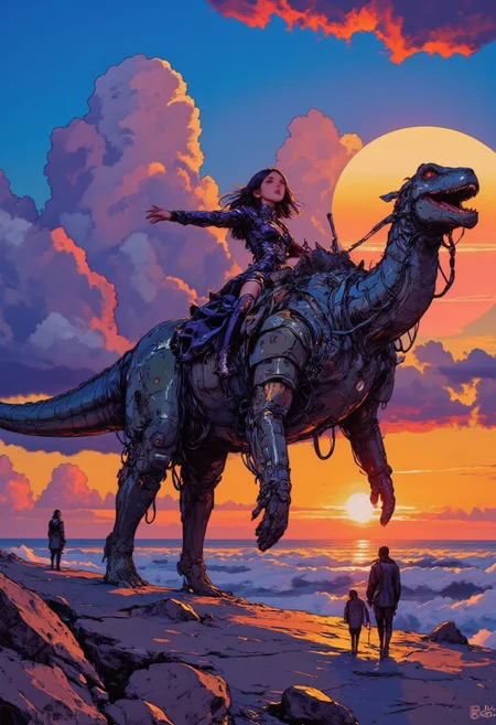 Dramatic silhouette of a girl riding on a quetzalcoatlus in the sky, the girl named Anke is wearing a high fashion dress and has long hair, shadows unseen, dark silhouettes, floating, colorful sunrise horizon in the background, big colorful sun, clouds, dreaming fantasy, outstretched arms, BREAK cheonyeon-hi,a-shacho ,wanke, oil painting, highly detailed, aesthetic, great lighting, extremely detailed, perfect composition, a vibrant tissue of hues and textures captured digitally, best quality, realistic, captivating, intricately detailed, hyper detailed, maximalist style, dynamic lighting, superb composition, finest details, highest aesthetics, best quality, sharp focus, high contrast, stylized, clear, colorful, ultra quality, whimsical, fantastic, splash art, intricate detailed, hyperdetailed, maximalist style, hyper detailed, maximalist style, concept art, sharp focus, harmony, serenity, calm, mysterious glow, dynamic lighting, superb composition, sharp focus, high contrast, stylized, clear, colorful, ultra quality, best quality, DB4RZ, DB4RZ style painting, NeoPigma, in the style of cksc, anime, cyberpunk, a masterpiece, award winning