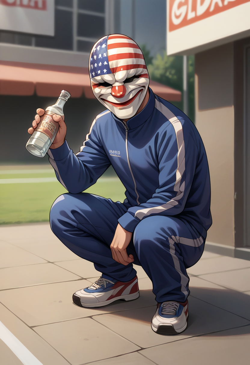 score_9, score_8_up, source_anime, 1boy, solo, DallasPD, mask, slav squatting, tracksuit, vodka, holding bottle, <lora:epoch-000014:1>