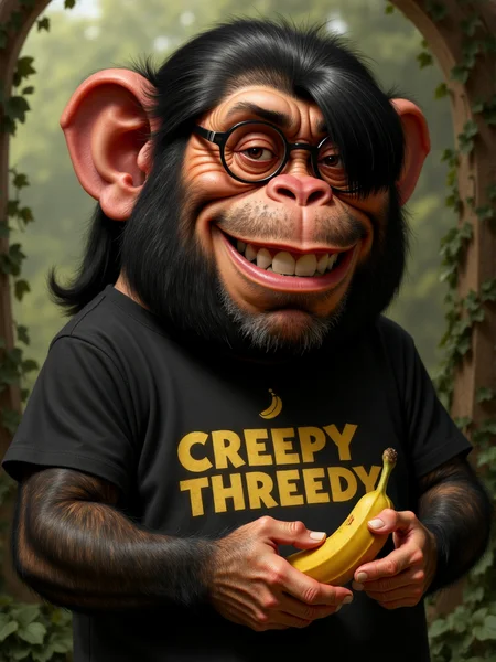 close-up portrait caricature of an animated fat monkey. It is wearing a black tshirt with the words "CREEPY THREEDY" written on it in yellow letters, a minimal yellow banana logo is above the letters. The monkey has very long fur and long hair, a bang of hairs cover its eye and is wearing round glasses. the monkey Has a big smile on its face and it's holding a banana. The background is overgrown with vines and vegetation <lora:3d_caricature_Strong:0.9>