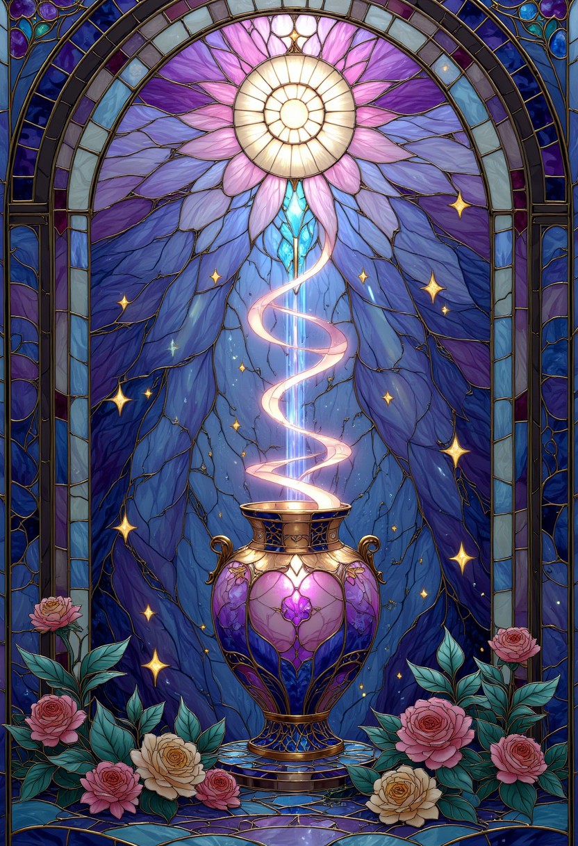 p1nk1est41n3dgl4ss, stained glass, violet and light blue colors only, lost glowing souls escaping from an ancient urn and flying upwards