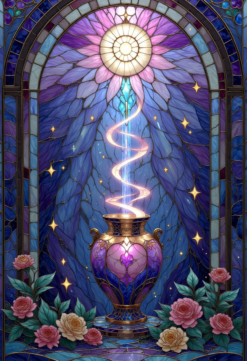 p1nk1est41n3dgl4ss, stained glass, violet and light blue colors only, lost glowing souls escaping from an ancient urn and flying upwards