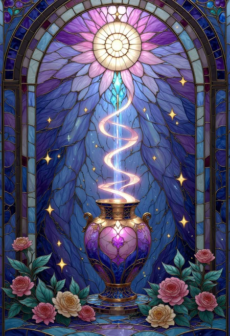 p1nk1est41n3dgl4ss, stained glass, violet and light blue colors only, lost glowing souls escaping from an ancient urn and flying upwards