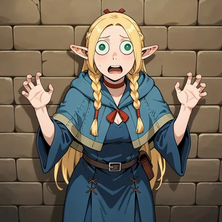 masterpiece, best quality, newest, absurdres, highres, anime, anime style, wall-eyed, GUGIL-V1.0, googly eyes, 1girl, marcille_donato \(dungeon_meshi\), elf, pointy ears, green eyes, blonde, robe, blue robe, choker, MarcilleWalleyed, Derpface, open mouth, Wall eyed,