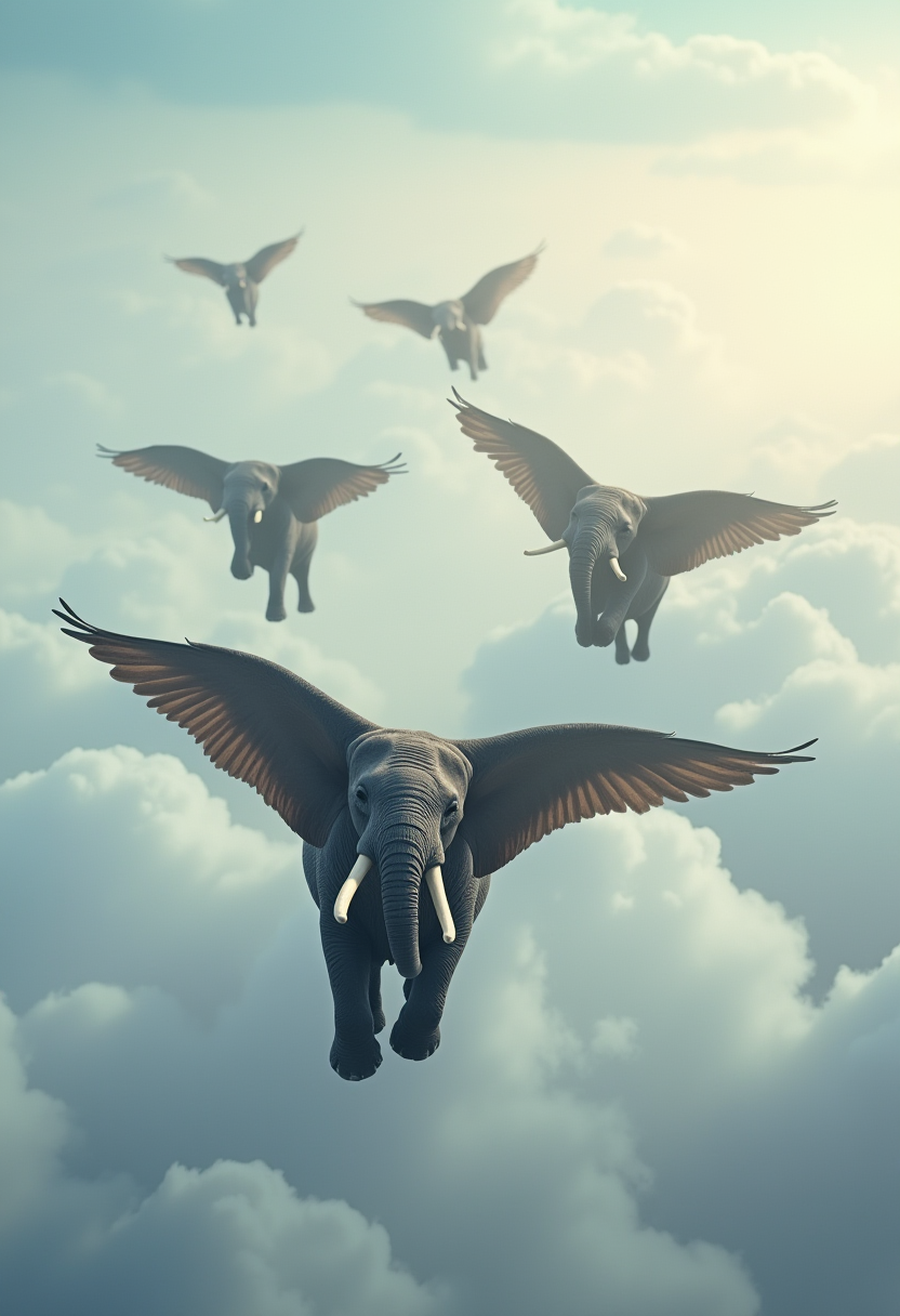 A flock of winged elephants flies south in the clouds.