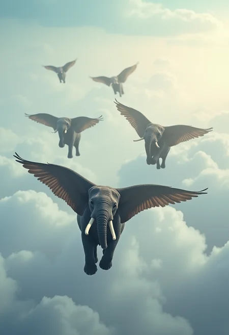 A flock of winged elephants flies south in the clouds.