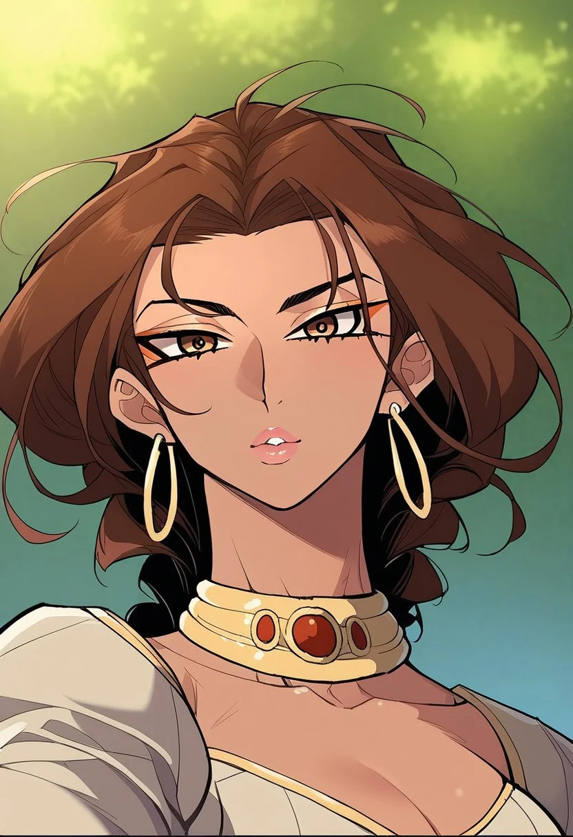 detailed face, detailed eyes, high resolution, intricate design, sharp edges, smooth, high detailed, god level, good proportions, detailed fingers, ( best quality, ultra-detailed)
...
(Princess Scheherazade, 1girl, collarbone, dark-skinned female, brown eyes, braided ponytail, braids, braid hair, lon hair, brown hair, white dress, short skirt, earrings, jewelry, neck ring, necklace, cleavage, boots, hoop earrings, gold choker)
...
looking at viewer, close up, pose, posing, kiss, pov, (mid-range shot, thighs up, from thighs up:1.2)
...
score_10, score_9, score_8, 1girl, solo, alone
...
background
