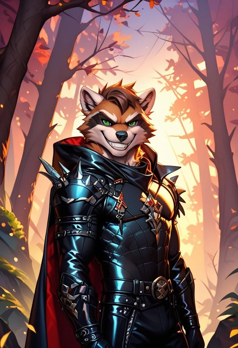 score_9, score_8_up, score_7_up,score_9, score_8_up, score_7_up, ((cowboy shot)), forest, standing, BREAK, ((High fantasy art style)), solo, male, anthro raccoon, black hooded cloak, (black leather breastplate), black leather greaves, black leather pauldrons, black leather boots, brown hair, ((detailed green eyes)), ((Masterpiece), (absurdres), (shadowy), (mysterious), ((evil grin))