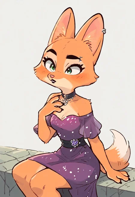 score_9, score_8_up, score_7_up, 2D art, digital art, Diane_Foxington, black eyebrows, silver piercings on eyebrow, fox tail, 4 fingers, black lipstick, emerald eyes, ginger fur, dusty-pink nose, Purple dress, glitter on dress, cut dress, sitting, <lora:KawaiiKritterPDXL:0.8> xingyun, binggan