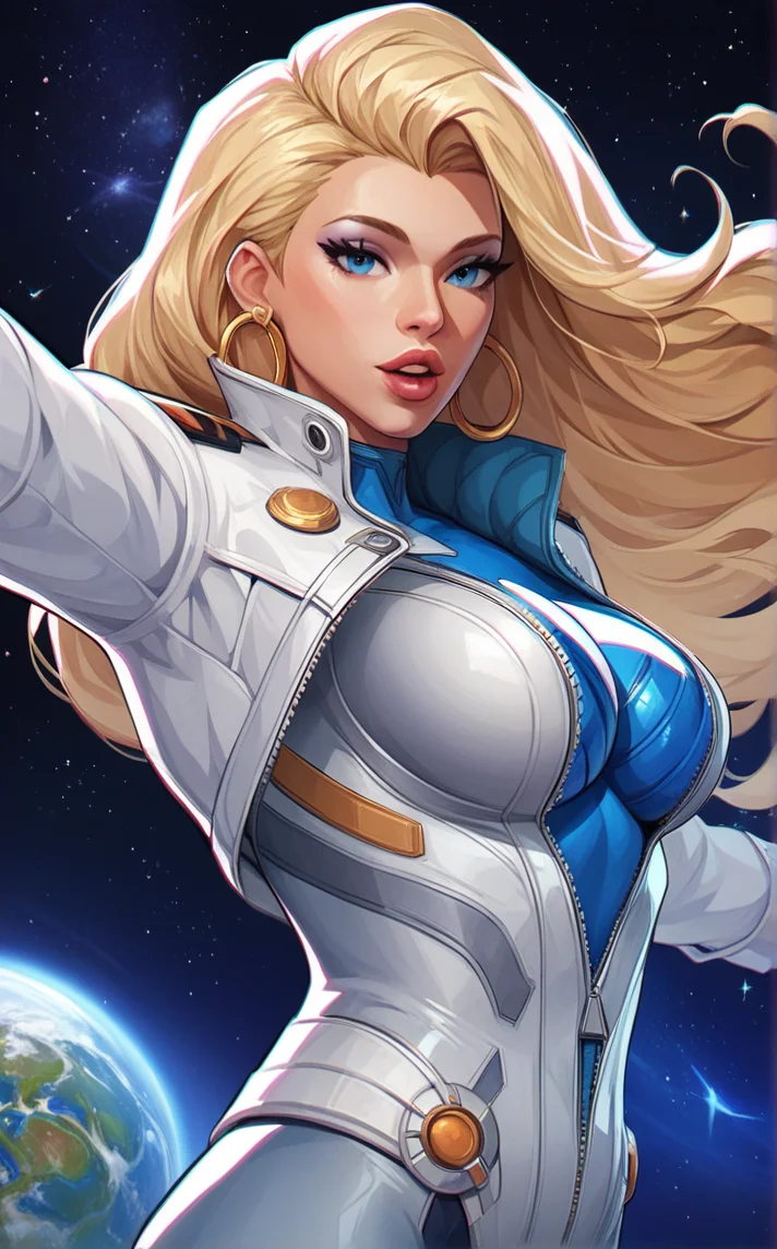 score_9, score_8_up, score_7_up, absurdres, <lora:PONYXL_STYLE_MarvelRivels_ownwaifu:1>, BREAK PONYXL_STYLE_MarvelRivels_ownwaifu, 1girl, long hair, large breasts, looking at viewer, blue eyes, blonde hair, jewelry, hoop earrings, parted lips, bodysuit, space, uniform, white jacket, floating hair, ring, outstretched arms, science fiction, hair behind ear, triangle earrings, long sleeves<lora:add-detail-xl:0.15>,