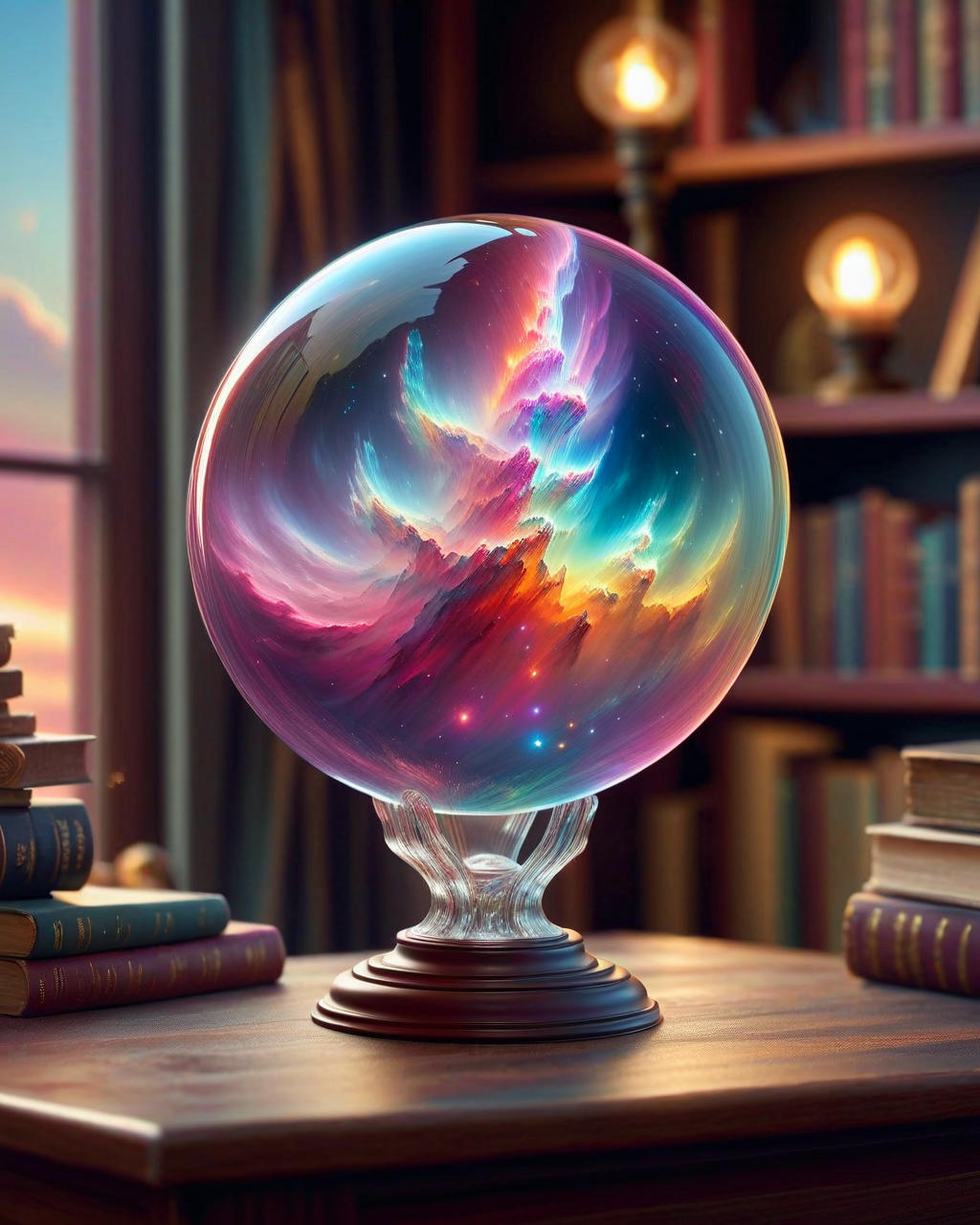 (Masterpiece, Best Quality, Highres:1.2),a glass globe, with a rainbow pillar nebula inside, on top of a table, in the background of a room with bookshelves, high fidelity, clarity, realistic, 4k, masterpiece