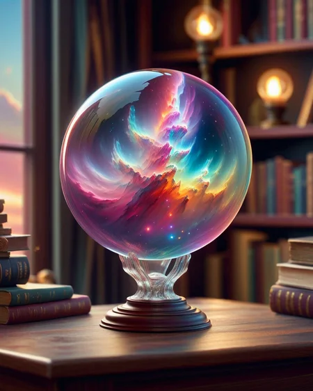 (Masterpiece, Best Quality, Highres:1.2),a glass globe, with a rainbow pillar nebula inside, on top of a table, in the background of a room with bookshelves, high fidelity, clarity, realistic, 4k, masterpiece