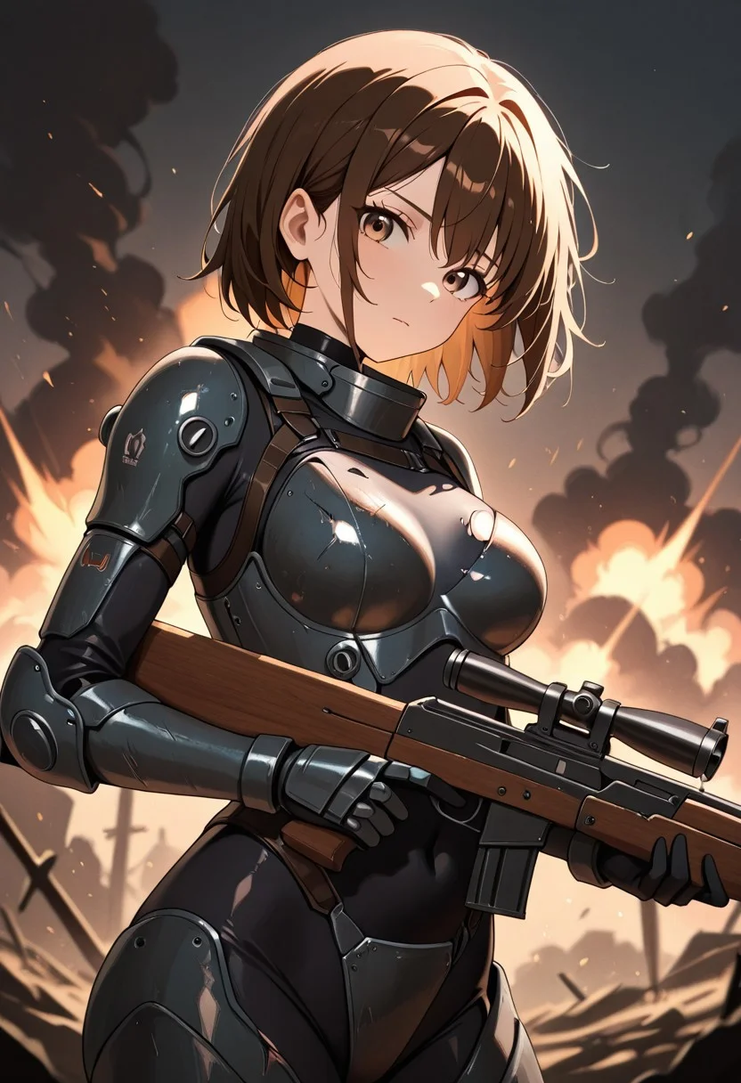 masterpiece, best quality, good quality, very aesthetic, absurdres, newest, 8K, depth of field, in the style of cknc, artist:moriimee, in the style of cksc,
1girl, short brown hair, cropped, hazel eyes, medium breasts, perky, armored bodysuit, glossy skin, reloading rifle, looking at viewer, from side
BREAK
war-torn battlefield, explosions, smoke rising
BREAK
dynamic light, earthy tones, high contrast, gritty texture, rich details, intense vibe