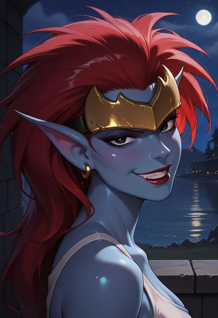 masterpiece, high quality, d3m0n4, 1girl, solo, monster girl, colored skin, blue skin, red hair, long hair, black eyes, pointy ears, lipstick, white crop top, earrings, forehead protector, looking at viewer, night, dark, portrait, from side, head up, smirk, grin,