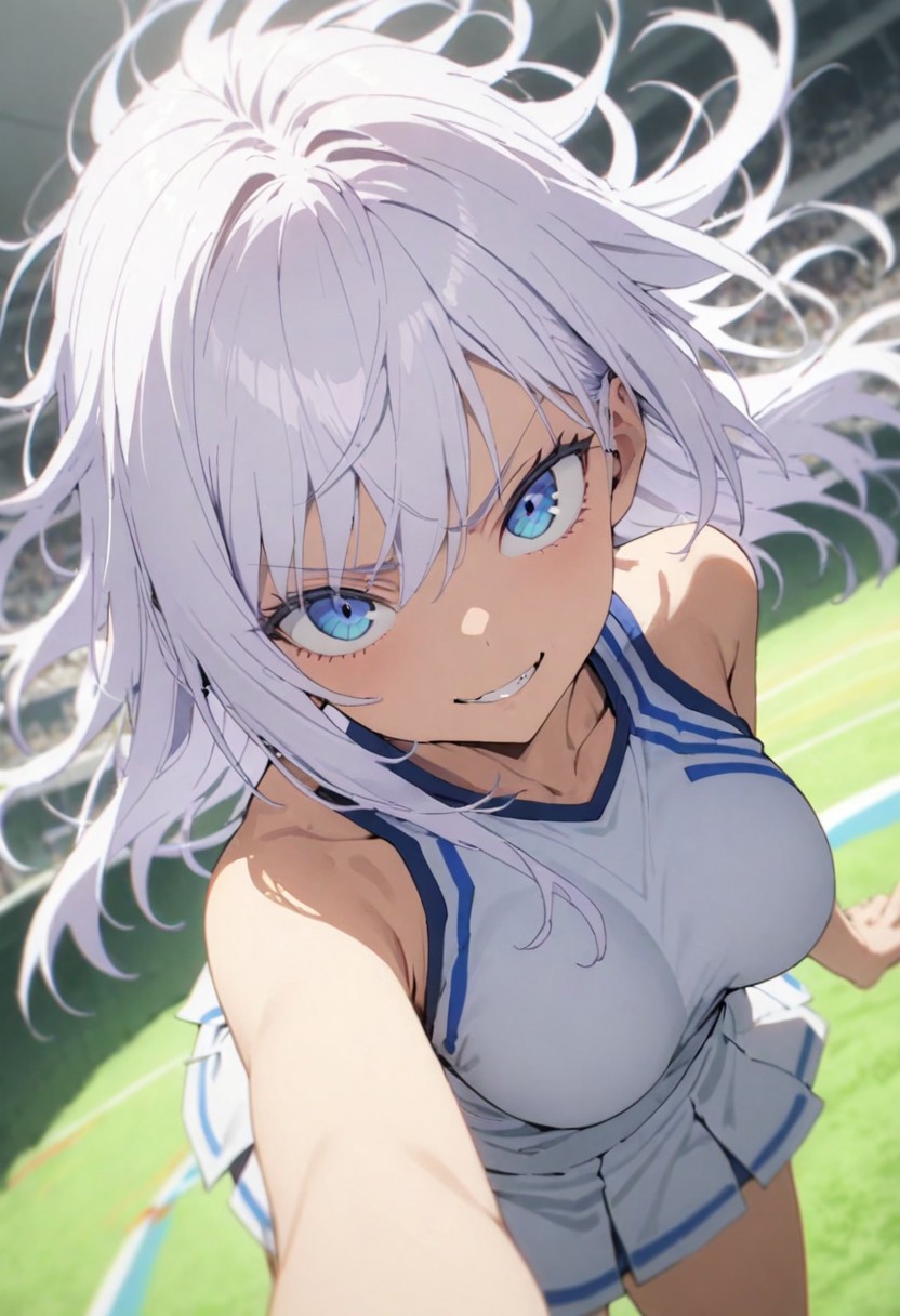 score_9, score_8_up, score_7_up, score_6_up, masterpiece, best quality, absurdres, cinematic, dynamic angle, perfect composition, solo, 1girl, medium breast, gojou satoru, blue eyes, white hair, long hair, cheerleader outfit, smirk, standing, looking at viewer,