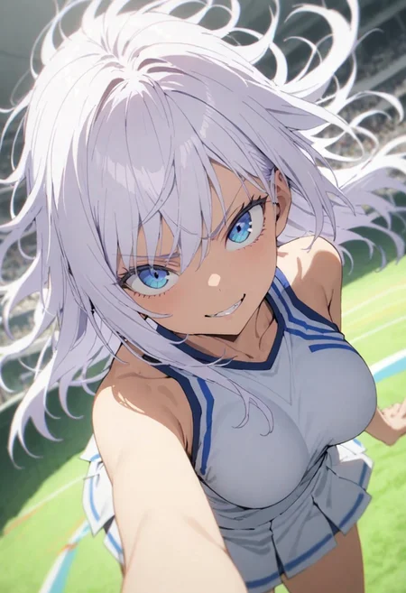 score_9, score_8_up, score_7_up, score_6_up, masterpiece, best quality, absurdres, cinematic, dynamic angle, perfect composition, solo, 1girl, medium breast, gojou satoru, blue eyes, white hair, long hair, cheerleader outfit, smirk, standing, looking at viewer,