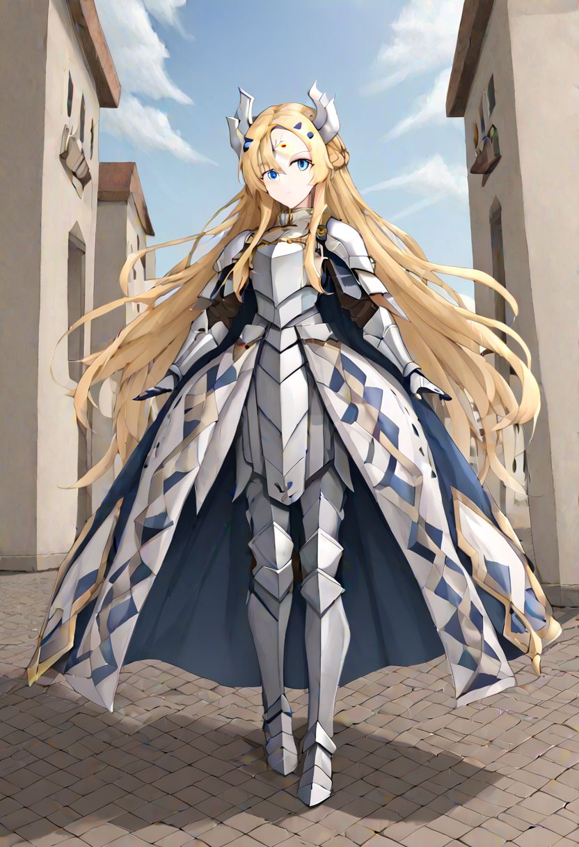 yugioh ecclesia, blonde hair, blue eyes, braid, facial mark, fake horns, forehead mark, hair ornament, horns, long hair, armor, armored dress, cape, gauntlets, headgear, leg armor, shoulder armor, white armor, 
masterpiece, best quality, very aesthetic, absurdres, full_body, tachi-e,