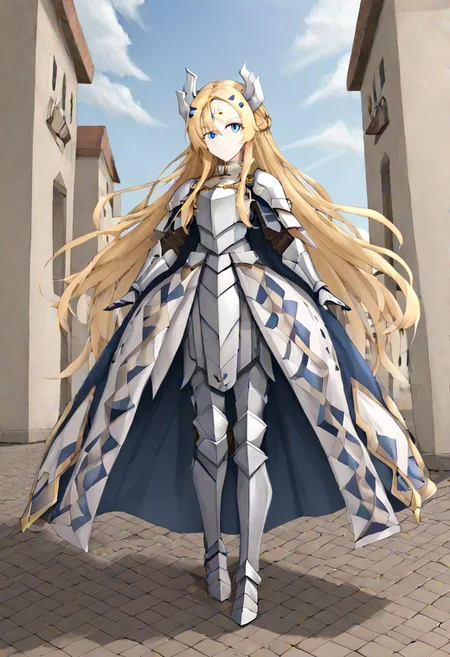 yugioh ecclesia, blonde hair, blue eyes, braid, facial mark, fake horns, forehead mark, hair ornament, horns, long hair, armor, armored dress, cape, gauntlets, headgear, leg armor, shoulder armor, white armor, 
masterpiece, best quality, very aesthetic, absurdres, full_body, tachi-e,