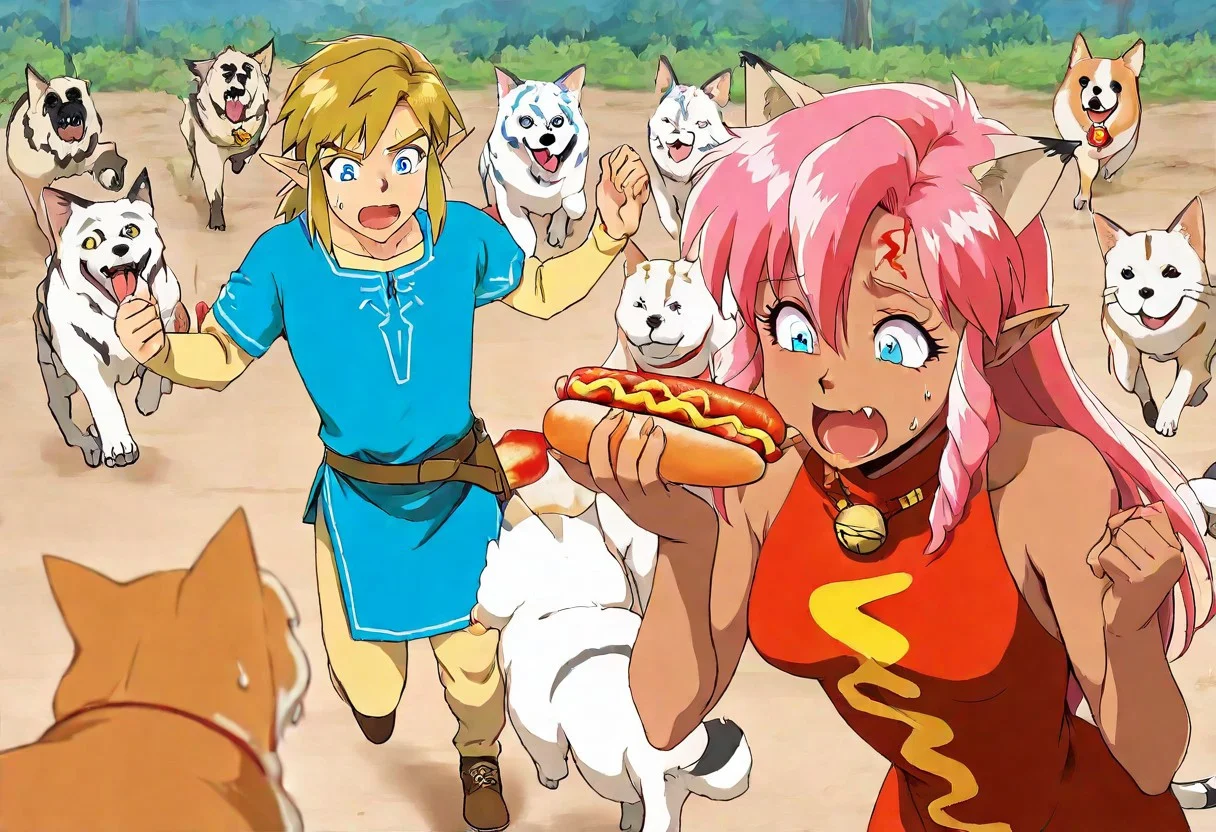 Maaterpiece, best quality, amazing quality, duo,Pink_DragonPink, 1girl, hotdog costume, cat ears, cat bell necklace, pink hair, tanned, white tiger tail, small breasts, leather shoes, masterpiece, very aesthetic, <lora:pink-illustrious:1>, yelling, wide eyes, single fang showing, sweat drop on forehead Break 1boy,Anime screencap,link (zelda),blonde hair,blue eyes,pointy ears,low ponytail,sidelocks wearing blue tunic, Break Forest in sunny day, clearing, girl_with_cats, dog, animal, <lora:girl_with_cats:0.6>,multiple dogs, dogs running, dogs jump, girl surrounded by many dogs, dogs barking, pink running from wild dogs a fast as she can, running, full speed, leaning forward, link looking confused in background, link eating hot dog, side view, zoom out, <lora:hotdog-costume-illustriousxl-lora-nochekaiser:1>, hotdog costume, food, hot dog, ketchup, oversized food, costume, hands up, pink wearing hotdog costume,