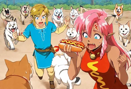 Maaterpiece, best quality, amazing quality, duo,Pink_DragonPink, 1girl, hotdog costume, cat ears, cat bell necklace, pink hair, tanned, white tiger tail, small breasts, leather shoes, masterpiece, very aesthetic, <lora:pink-illustrious:1>, yelling, wide eyes, single fang showing, sweat drop on forehead Break 1boy,Anime screencap,link (zelda),blonde hair,blue eyes,pointy ears,low ponytail,sidelocks wearing blue tunic, Break Forest in sunny day, clearing, girl_with_cats, dog, animal, <lora:girl_with_cats:0.6>,multiple dogs, dogs running, dogs jump, girl surrounded by many dogs, dogs barking, pink running from wild dogs a fast as she can, running, full speed, leaning forward, link looking confused in background, link eating hot dog, side view, zoom out, <lora:hotdog-costume-illustriousxl-lora-nochekaiser:1>, hotdog costume, food, hot dog, ketchup, oversized food, costume, hands up, pink wearing hotdog costume,
