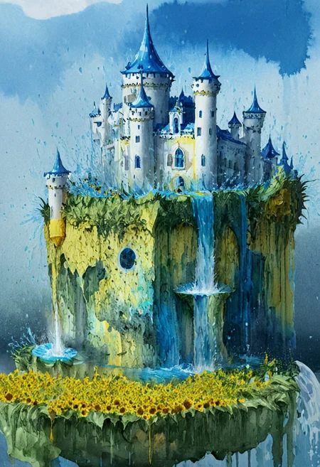 castle,
A traveler looking at a gigantic castle made of dozens of towers, medical, white, grass,matchcraft floating island , ((floating island)), ((towers )),( sky ), (fly ), cloud,waterfall, raining, breezes, stream of water, river, ((Green water)), (sunflowers blue ),( blue AND white castle), water ,watercolor ,ink, ink yellow , water yellow, watercolor yellow ink