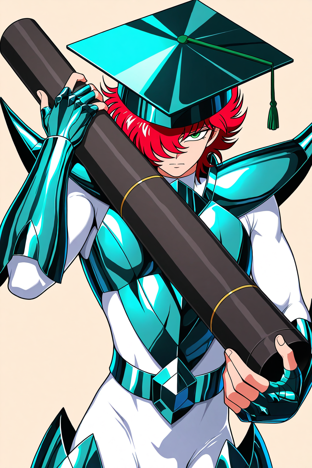masterpiece,best quality,amazing quality, SSALBE, 1boy, male focus, wavy hair, short hair, pink-red hair, hair over one eye, green eyes, megrez armor, teal pauldrons, teal breastplate, belt buckle, white bodysuit, teal fingerless gauntlets, mortarboard, holding diploma, text GENIUS, upper body, looking at viewer, beige background, simple background