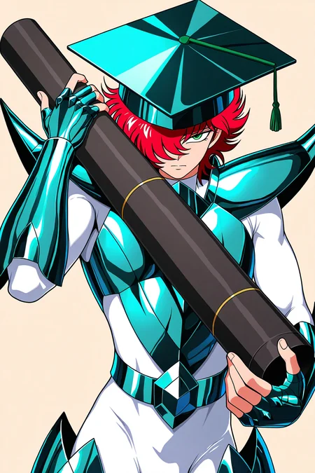masterpiece,best quality,amazing quality, SSALBE, 1boy, male focus, wavy hair, short hair, pink-red hair, hair over one eye, green eyes, megrez armor, teal pauldrons, teal breastplate, belt buckle, white bodysuit, teal fingerless gauntlets, mortarboard, holding diploma, text GENIUS, upper body, looking at viewer, beige background, simple background