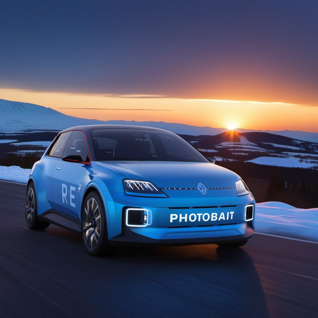 Long exposure photo of R5e1024, an pearly blue electric car, ((text ''PhotobAIt")), snow, sunset,  photography, ultra sharp, film, professional, 64k <lora:add-detail-xl:1.5>  <lora:R5e1024:0.8> . Blurred motion, streaks of light, surreal, dreamy, ghosting effect, highly detailed
