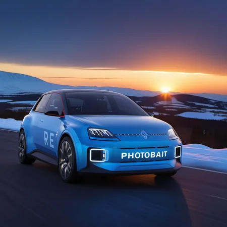 Long exposure photo of R5e1024, an pearly blue electric car, ((text ''PhotobAIt")), snow, sunset, photography, ultra sharp, film, professional, 64k <lora:add-detail-xl:1.5> <lora:R5e1024:0.8> . Blurred motion, streaks of light, surreal, dreamy, ghosting effect, highly detailed