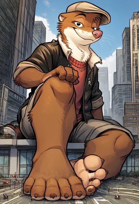 score_9, score_8_up, score_7_up, score_6_up, score_5_up, score_4_up, solo, source_furry, 1boy, city, smile, full body, seductive expression, solo, k-9
,
W33kly_BS, Weekly, Anthro Weasel, Lesser Weasel, brown weasel, brown fur, white chin, white neck, white inner ear, black eyebrows, black eyes, pink nose, whiskers, shortstack, tan hat, flat cap, leather jacket, flight jacket, fleece collar, red sweater, khakis,
,
plantigrade, three toes, feet with three toes
,
(Sitting:1.4), big feet, (macro, giant), looking at viewer, from below, feet focus, low-angle view, soles, from below