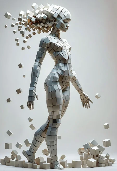 artcbd, Create an image of female figure composed entirely of cubes in various sizes. The figure should appear as if constructed from these geometric shapes, with distinct cubes forming the head, torso, arms, and legs. The cubes vary in size to represent different body parts proportionately, creating a visually interesting and abstract representation of a human body. The composition should be clear, with a focus on how the blocks assemble to mimic human anatomy. The background should be neutral to emphasize the figure