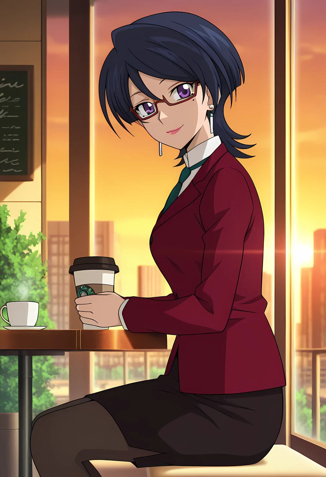 masterpiece,best quality,amazing quality,

solo, face focus,

Akane Kiyosu (Cardfight Vanguard), short hair, black hair, mole under eye, purple eyes, glasses, lipstick, earrings, jewelry, formal, suit, jacket, black pencil skirt, pantyhose,

Looking at viewer, big smile, from side,

cinematic, upper body, coffee cup, 

Sit, sitting, glass, sci-fi city, cafe, greenery, 

afternoon, sunset, 

Lens flare, bloom, detailed shadow,

Official style, anime screencap, anime coloring,
















