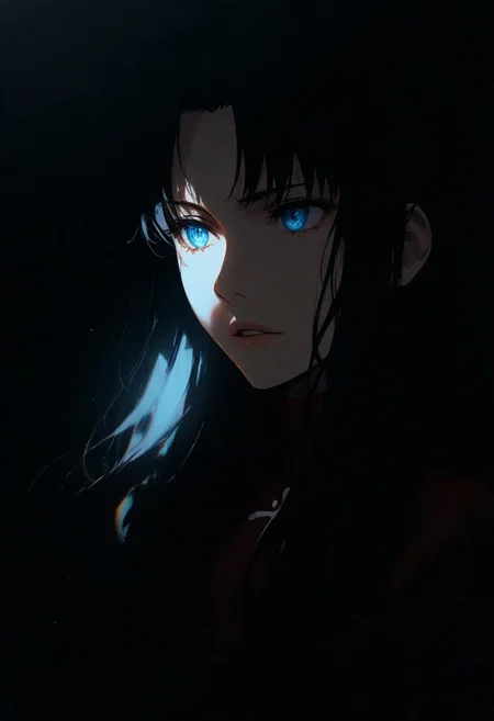 1girl, tohsaka rin, solo, dark, light, the light illuminates part of the face, masterpiece, best quality, very aesthetic, close up, parted lips