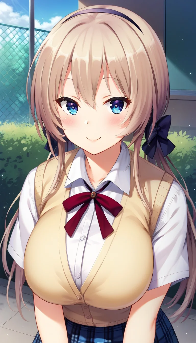 score_9,score_8_up,score_7_up,score_6_up BREAK official art,solo,outdoors,upper body,(portrait:1.5),looking at viewer,facing viewer,smile,blush,Serizawa Chisa,long hair,light brown hair,low twintails,hairband,hair ribbon,hair bow,black bow,sidelocks,hair between eyes,bangs,blue eyes,school uniform,yellow vest,cardigan vest,sweater vest,red ribbon,white shirt,collared shirt,large breasts,skindentation,short sleeves,miniskirt,blue skirt,pleated skirt,plaid skirt,zettai ryouiki,black thighhighs,loafers,brown footwear,<lora:Serizawa Chisa(tkis)-Pony:1.4>,