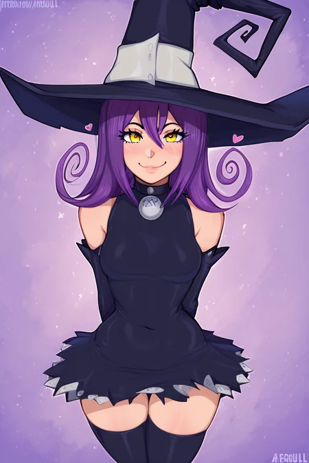 score_9, score_8_up, score_8, medium breasts, (curvy), cute, eyelashes, BREAK, , zzBlair, 1girl, solo, yellow eyes, purple hair, witch hat, witch, detached sleeves, black short dress, thighhighs, <lora:Blair_SoulEater_PDXL_v1:1.0>, , BREAK, <lora:Afrobull_PDXL_v4:0.8>, ,,, BREAK, smile, looking at viewer, closed mouth, cowboy shot, ,,, embedding:zPDXL, Expressiveh, ,,, <lora:SDXLFaeTastic2400:0.5>, <lora:Expressive_H-000001:0.4>,