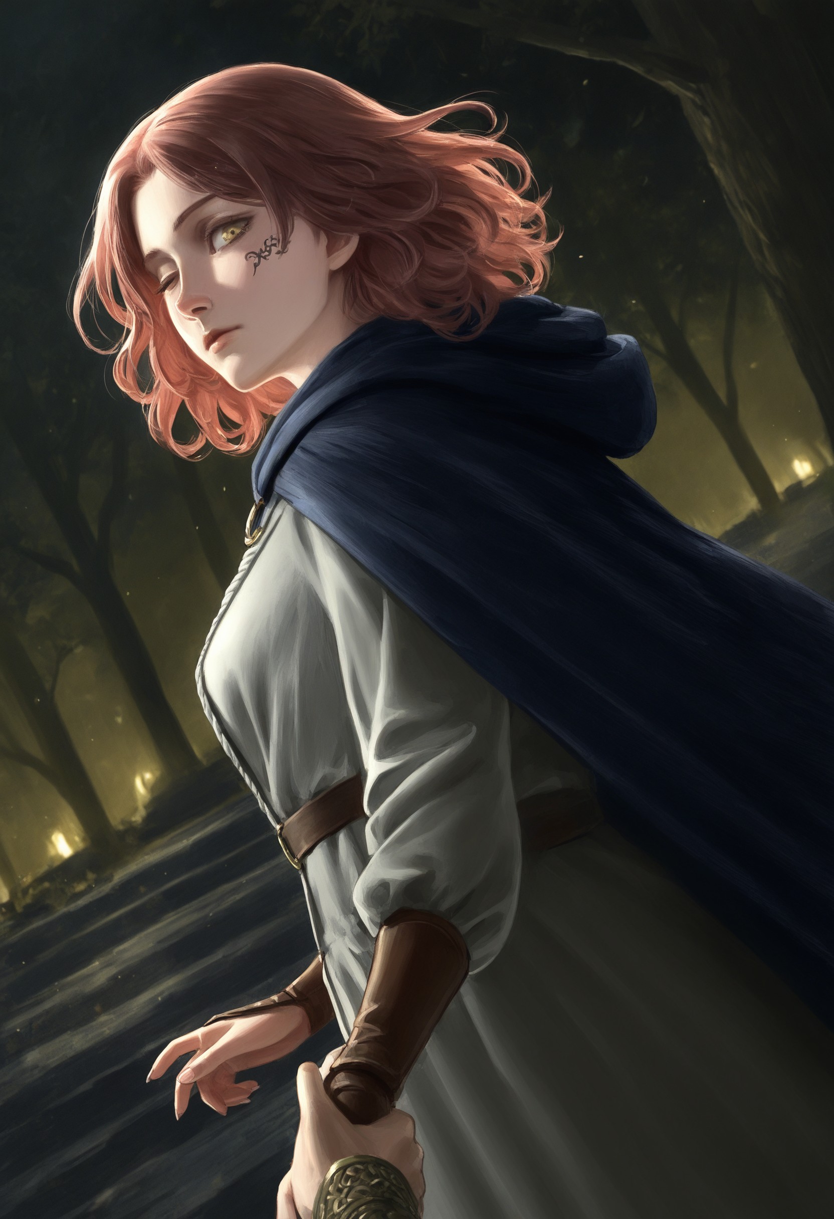 sbjy2, (melina_(elden_ring):1.3), 1girl, black_cape, brown_hair, cape, closed_mouth, dress, erdtree_(elden_ring), facial_tattoo, fingernails, floating_hair, forehead, gauntlets, grey_dress, holding_hands, hood, hood_down, hooded_cape, leaf, long_sleeves, looking_at_viewer, one_eye_closed, outdoors, pov, pov_hands, reaching, looking_back, reaching_towards_viewer, holding_hands, short_hair, tattoo, tree, yellow_eyes, dynamic dutch angle, dramatic lighting, masterpiece, best quality, amazing quality, very aesthetic, 4k, official art, latest , <lora:5b2eae41-a0ba-4d91-976b-45bcc1060de9:0.9>