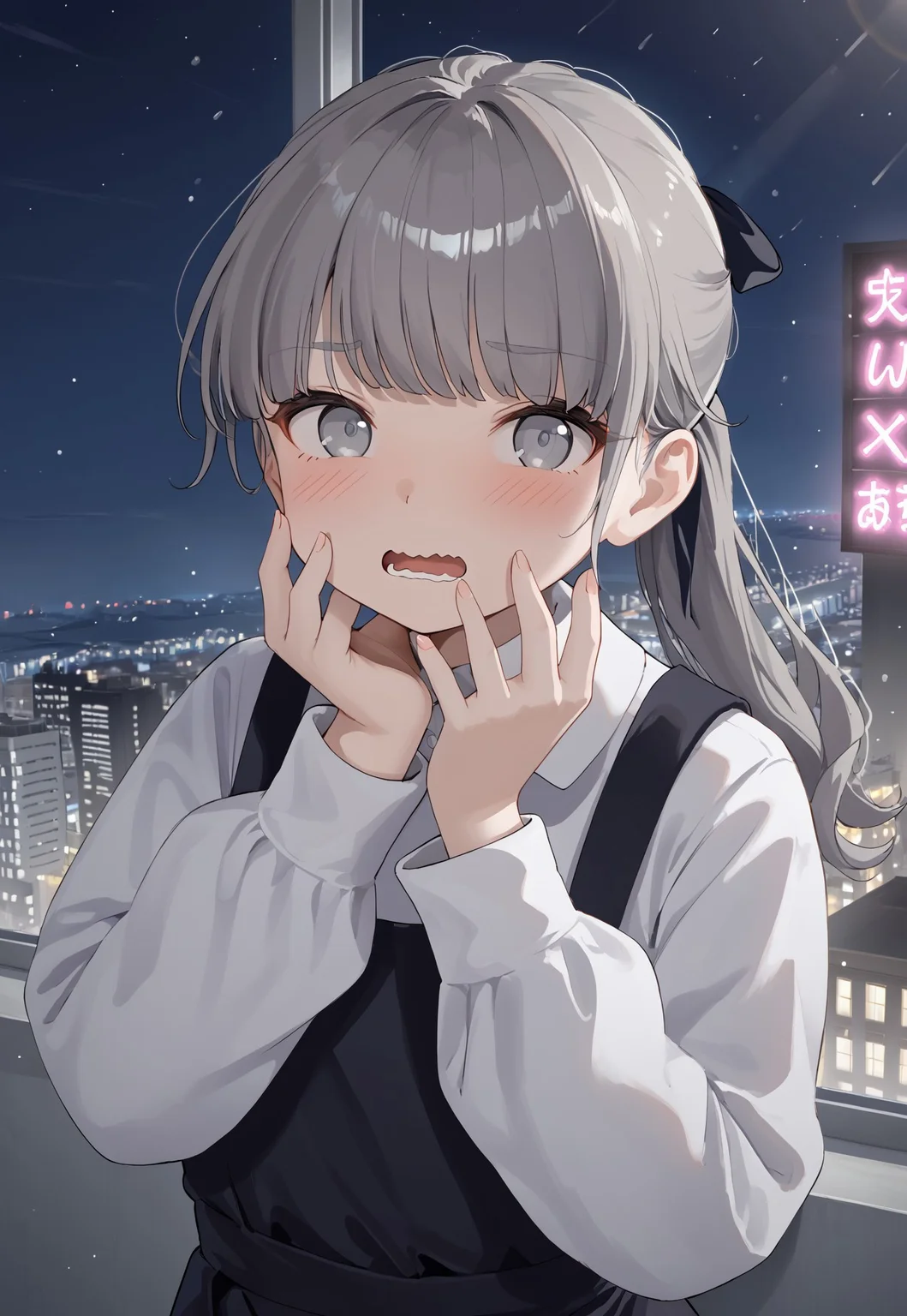 LapwingVRC, bangs, long hair, ponytail, white shirt, long sleeves, white sleeves, grey hair, grey eyes, hair ribbon, pinafore dress, collared shirt,
looking at viewer, hands on own face, blush, flustered, embarassed, wavy mouth, open mouth,
window, cityscape, neon lights, billboard, dark, night, night sky,
1girl, solo, solo focus, highres, absurdres, light particles, backlighting, shade, lens flare, shiny skin, fine fabric emphasis,